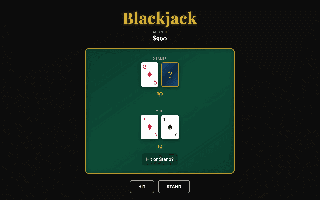 The Blackjack project's card table during a hand.