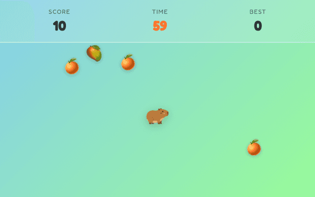 The Capybara Collector game in progress, with oranges to collect before time runs out.