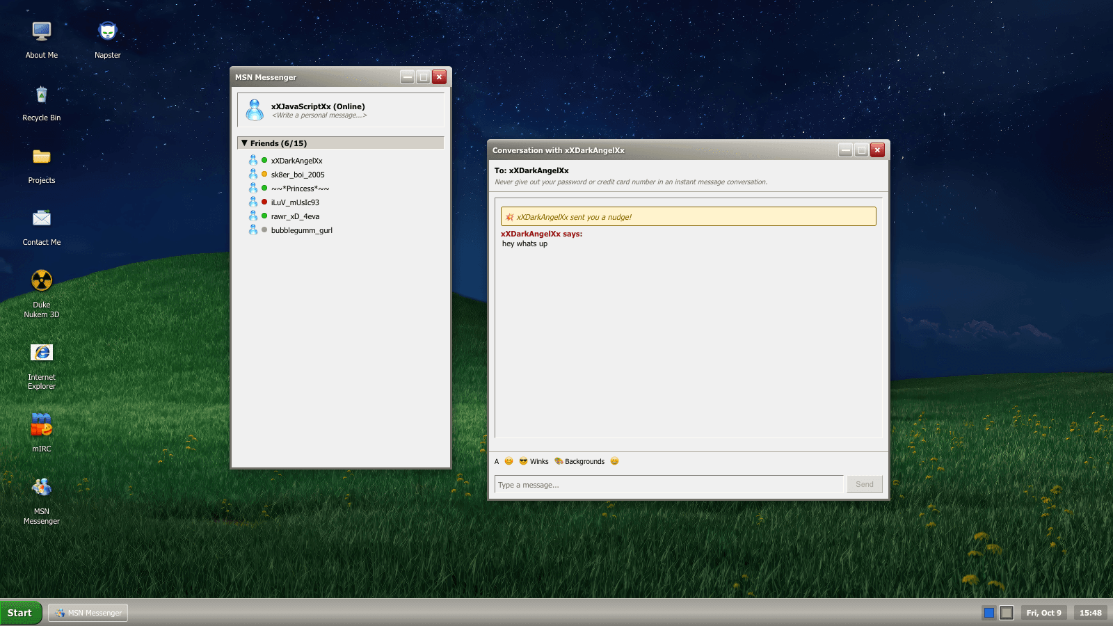 Portfolio OS's actual MSN Messenger buddy list and chat window, showing the built-in nudge greeting against the night-sky desktop.