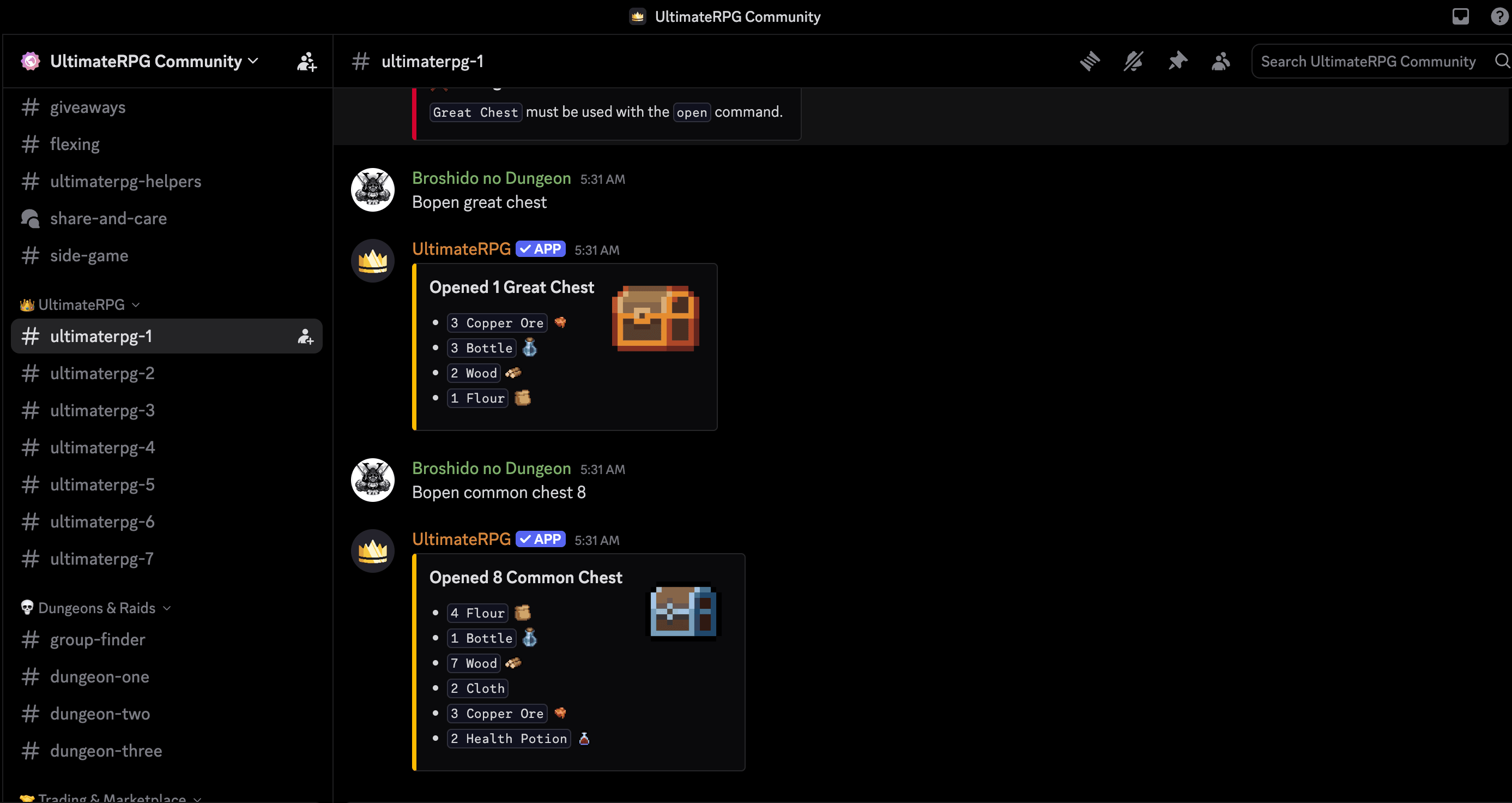 Actual Ultimate RPG Discord exchange: Broshido enters Bopen great chest. The bot returns three copper ore, three bottles, two wood, and one flour.