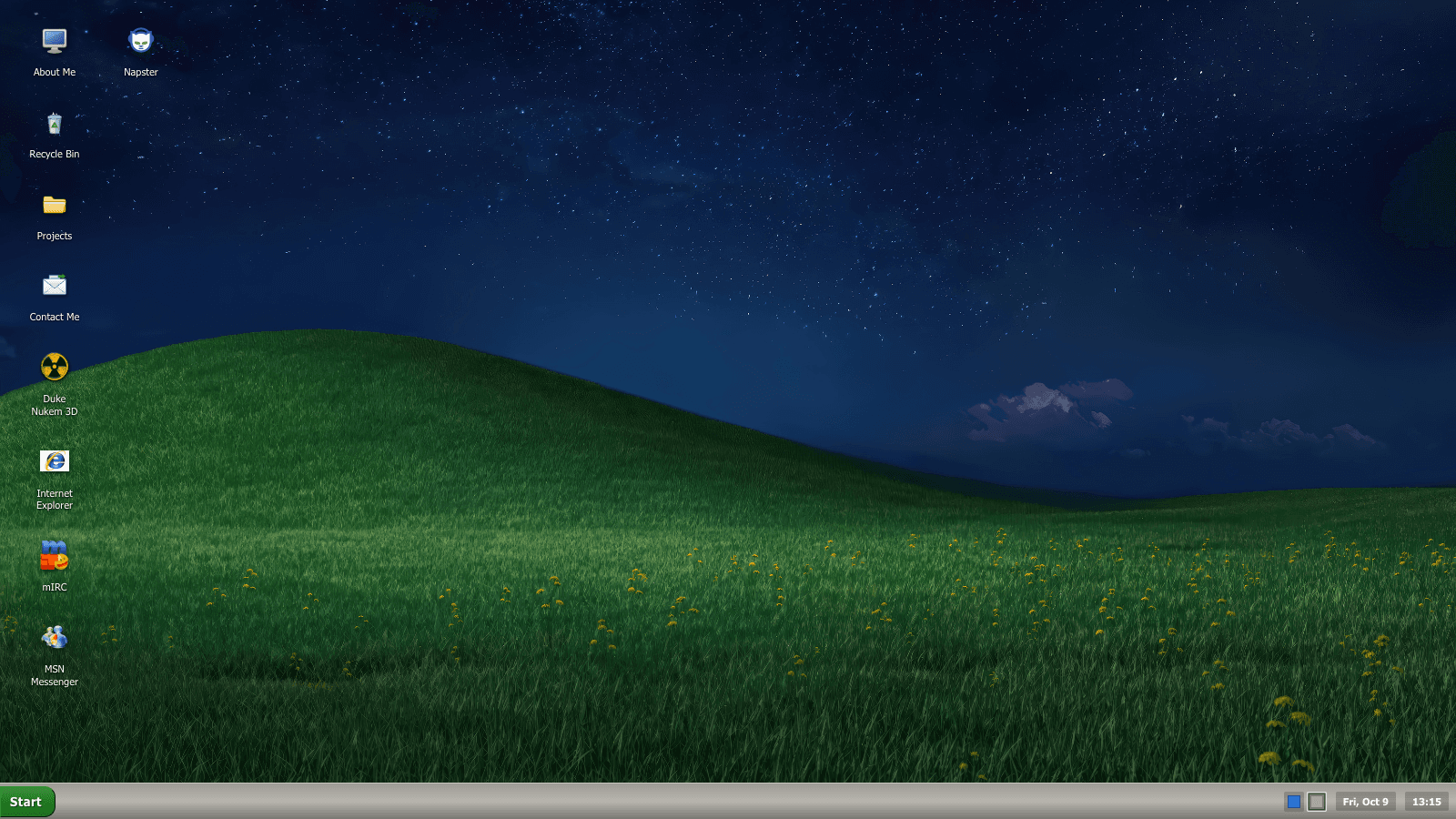 Portfolio OS desktop with Windows XP-inspired windows, desktop icons, and the complete taskbar visible.